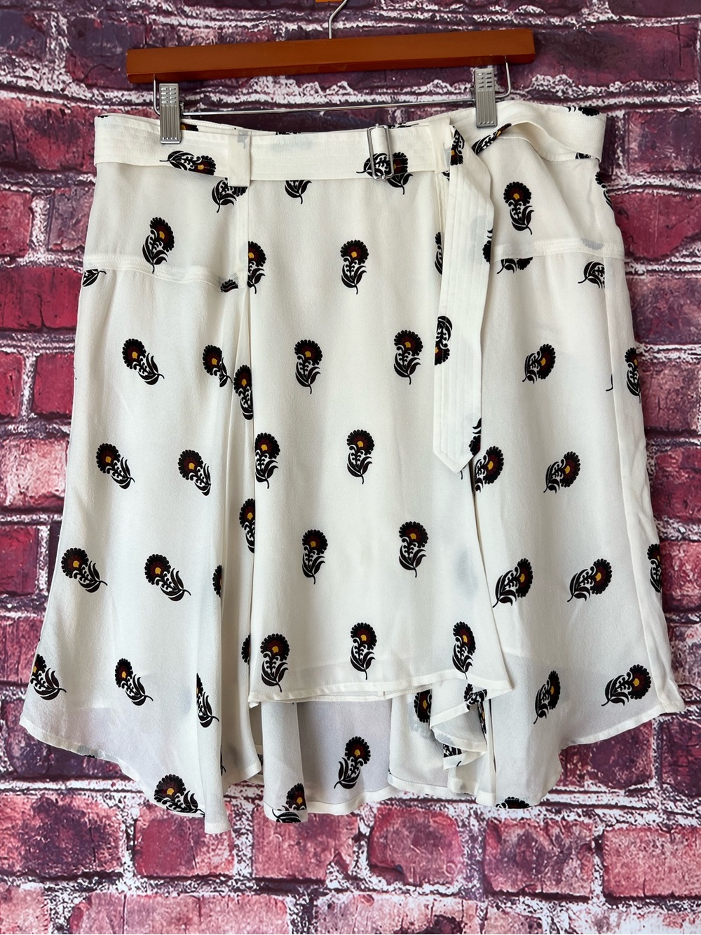A.L.C. 100% Silk Floral Print Belted High-Low Flowy A-Line Midi Skirt